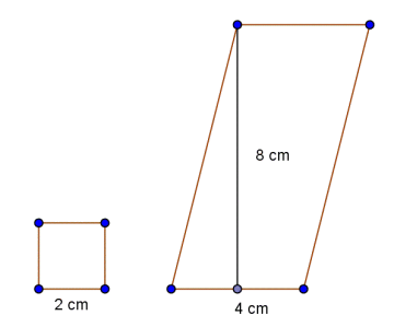 Kvadratet har side 2 cm, mens parallellogrammet har grunnlinje 4 cm og høyde 8 cm